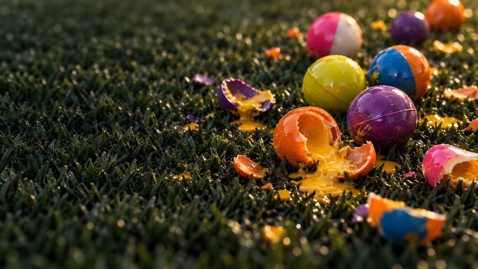 Colorful paintballs scattered on turf