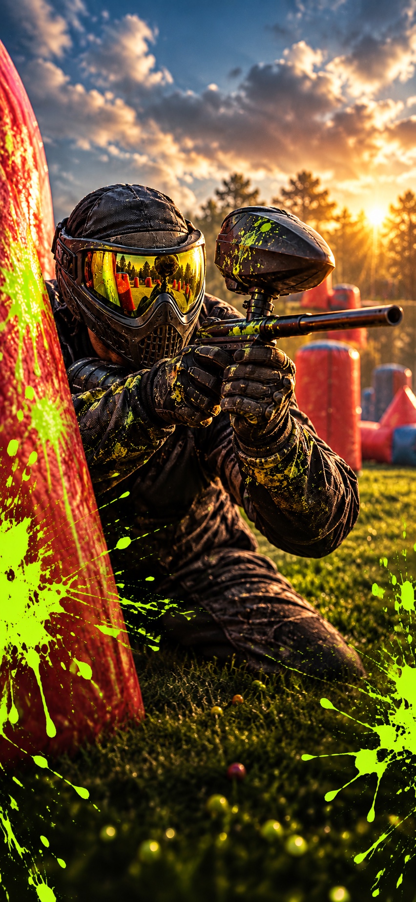 Paintball player behind a bunker at sunset